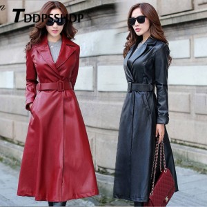 Black and Red Color Long Spring Thick Women Leather Coat Long Sleeve Waist Strap Pocket Female Jacket Red Black